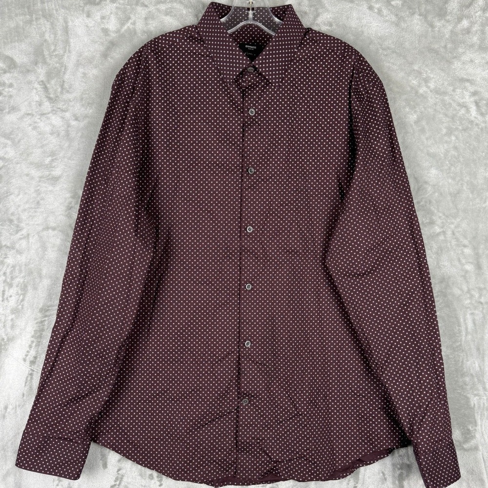 Express Mens Burgundy Dot Print Slim Fit Long Sleeve Button Down Shirtβ Large
